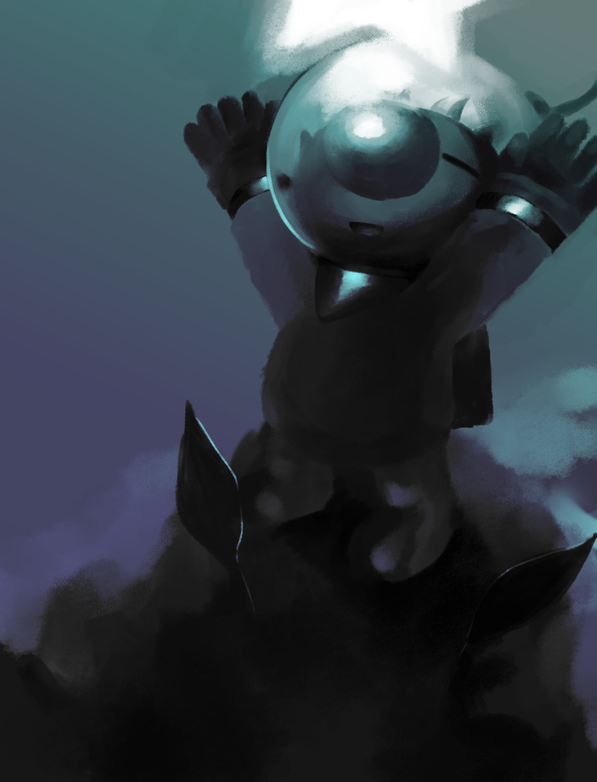 1boy absurdres arms_up backpack bag big_nose blue_sky blue_theme buried closed_eyes commentary_request gloves happy helmet highres iat-418 leaf male_focus nintendo olimar open_mouth pikmin_(creature) pikmin_(series) radio_antenna shadow short_hair sky smile solo_focus space_helmet spacesuit standing very_short_hair