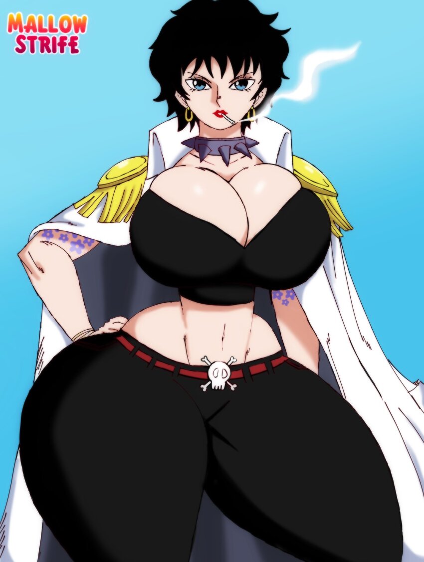 1girl blue_eyes breasts choker cigarette cleavage curvy doll_(one_piece) earrings female_focus hand_on_own_hip highres huge_breasts jewelry lipstick looking_at_viewer makeup mallowstrife midriff monochrome narrow_waist navel one_piece short_hair skindentation solo spiked_choker spikes tattoo thick_thighs thighs wide_hips