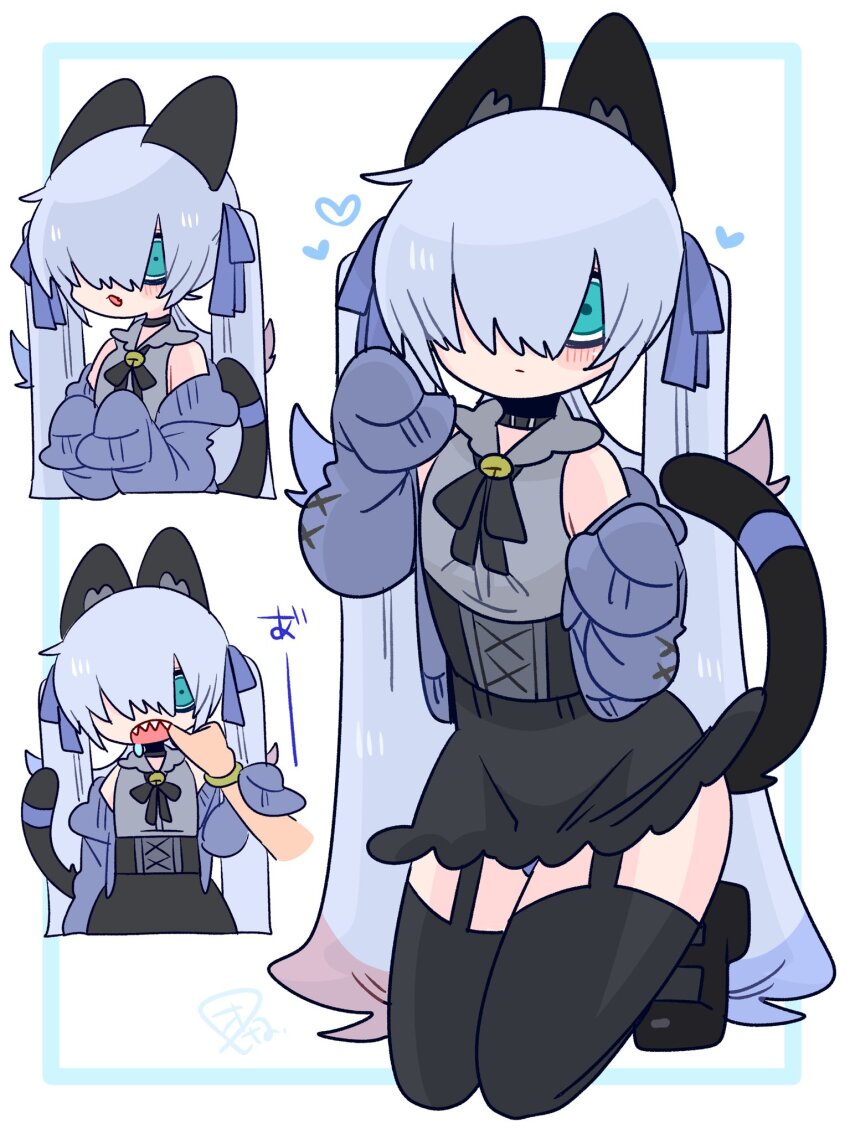1boy :/ animal_ear_fluff animal_ears bare_shoulders bell black_choker black_corset black_ribbon black_shoes black_skirt black_tail black_thighhighs blue_bow blue_cardigan blue_eyes blue_hair blue_panties blue_ribbon blush bow bulge cardigan cat_boy cat_ears cat_tail choker collared_shirt colored_tips commentary corset crossdressing crossdressing_(mtf) disembodied_hand double-parted_bangs drooling fangs finger_in_another&#039;s_mouth flipped_hair frilled_shirt_collar frills full_body garter_straps grey_shirt hair_between_eyes hair_bow hair_over_one_eye hand_on_another&#039;s_wrist hand_up hands_up heart highres jingle_bell kneeling long_hair long_sleeves looking_at_viewer male_focus miniskirt multicolored_hair multiple_views neck_bell neck_ribbon no_nose off_shoulder one_eye_covered op_na_yarou open_cardigan open_clothes open_mouth original panties panty_peek parted_lips paw_pose quad_tails red_hair ribbon rigel_(op_na_yarou) shirt shoes sidelocks simple_background skirt sleeveless sleeveless_shirt sleeves_past_fingers sleeves_past_wrists straight_hair tail tail_ornament tail_ribbon thighhighs thighs trap underwear upper_body very_long_hair watermark white_background white_hair wide-eyed