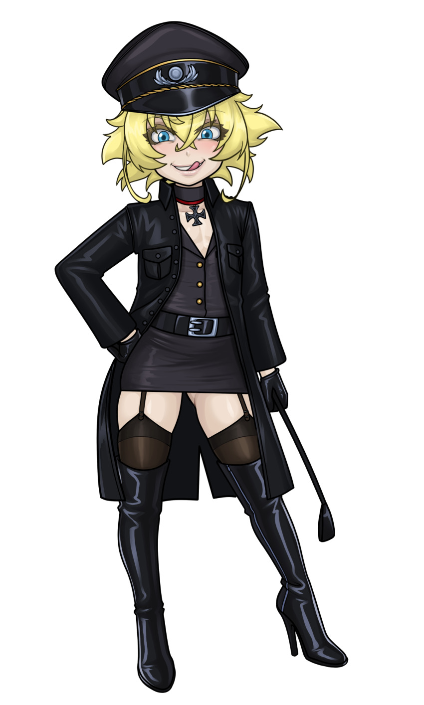 1girl aaaninja belt belt_buckle black_choker black_gloves black_skirt black_thighhighs blonde_hair blue_eyes blush boots breasts buckle choker cross cross_choker flat_chest full_body garter_straps gloves gluteal_fold grin hat high_heel_boots high_heels highres licking_lips lips looking_at_viewer microskirt military_hat military_uniform nazi peaked_cap pendant_choker riding_crop short_hair simple_background skirt small_breasts smile solo standing tanya_degurechaff thigh_boots thighhighs tongue tongue_out youjo_senki