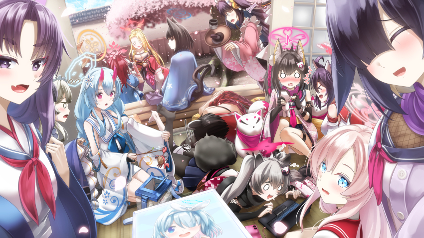 6+girls absurdres animal_ear_fluff animal_ears arona_(blue_archive) black_hair black_scarf blonde_hair blue_archive blue_eyes blue_hair blue_halo blue_haori blue_kimono breasts brown_hair cardigan cat_ears cat_tail cherry_blossoms chise_(blue_archive) closed_eyes computer crab dog_girl dragon_tail fishnet_top fishnets floral_print floral_print_kimono flower fox_ears fox_girl fox_hair_ornament fox_tail gloves gradient_horns grey_hair hair_between_eyes hair_flower hair_ornament hair_over_one_eye halo haori highres horns izuna_(blue_archive) japanese_clothes kaede_(blue_archive) kikyou_(blue_archive) kimono laptop large_breasts long_hair looking_at_viewer lop_rabbit_ears lying maid maid_headdress michiru_(blue_archive) mimori_(blue_archive) multicolored_horns multiple_girls multiple_tails on_side on_stomach oni partially_fingerless_gloves pina_(blue_archive) pink_hair pink_halo pink_kimono pink_scarf print_kimono purple_cardigan purple_eyes purple_hair purple_halo purple_scarf rabbit_ears rabbit_girl raccoon_ears raccoon_girl raccoon_hair_ornament raccoon_tail red_eyes red_hair red_halo red_horns red_sailor_collar red_tail renge_(blue_archive) sailor_collar scarf shizuko_(blue_archive) short_hair sitting skin-covered_horns standing tail totororo tsubaki_(blue_archive) tsukuyo_(blue_archive) twintails two_tails umika_(blue_archive) wa_maid white_flower white_headdress wide_sleeves yukari_(blue_archive)