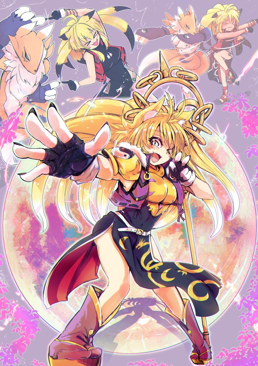 absurdres armor blonde_hair breasts digimon digimon_(creature) fusion fusion_dance highres large_breasts long_hair medium_breasts nail_polish renamon sakuyamon staff xiaomu