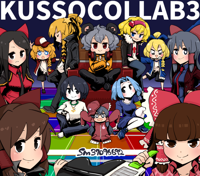 6+girls alice_margatroid alternate_costume anchor_necklace animal_ears arrow_(symbol) baseball_cap black_eyes black_footwear black_hair black_jacket black_necktie black_pants blonde_hair blue_bow blue_dress blue_eyes blue_hair blue_jacket blue_shirt blunt_bangs bow braid brown_eyes brown_hair closed_eyes closed_mouth collared_shirt colored_skin commentary_request cookie_(touhou) dance_floor dress flour_(cookie) food-themed_hair_ornament full_body gram_9 grater grey_hair hair_between_eyes hair_bow hair_ornament hairband hakurei_reimu hat highres holding hotaruda_(cookie) ichigo_(cookie) jacket jewelry kirisame_marisa kumoi_ichirin long_hair long_sleeves looking_at_viewer meguru_(cookie) milk_(cookie) mini_person minigirl mouse_ears multiple_girls murasa_minamitsu nazrin necklace necktie niconico_id noel_(cookie) nyon_(cookie) open_clothes open_jacket open_mouth pants ponytail purple_bow red_bow red_eyes red_hairband red_headwear red_jacket red_shirt rurima_(cookie) shinonome_(cookie) shiromiya_rei shirt shoes short_hair side_braid single_braid sleeves_past_fingers sleeves_past_wrists smile star_(symbol) star_hair_ornament strawberry_hair_ornament suzu_(cookie) swept_bangs touhou upper_body war_fan white_shirt white_skin yuuhi_(cookie)
