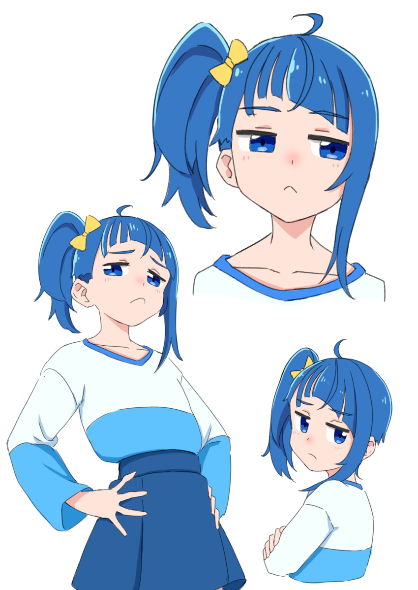 1girl absurdres ahoge blue_eyes blue_hair blue_skirt bow closed_mouth crossed_arms hair_bow hakuino_hakase hand_on_own_hip highres hirogaru_sky!_precure jitome looking_at_viewer medium_hair precure shirt side_ponytail skirt solo sora_harewataru white_background white_shirt yellow_bow