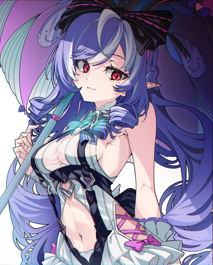 1girl absurdres bare_shoulders black_bow bow bowtie breakdiamond breasts drill_hair frilled_wrist_cuffs frills gem hair_ribbon highres holding holding_umbrella long_hair mole mole_under_eye navel pink_bow pointy_ears purple_bow purple_bowtie purple_gemstone purple_hair purple_umbrella red_eyes ribbon sideboob smile solo swimsuit teeth umbrella vivian_banshee vivian_banshee_(iris_of_the_shore) white_background wrist_cuffs zenless_zone_zero