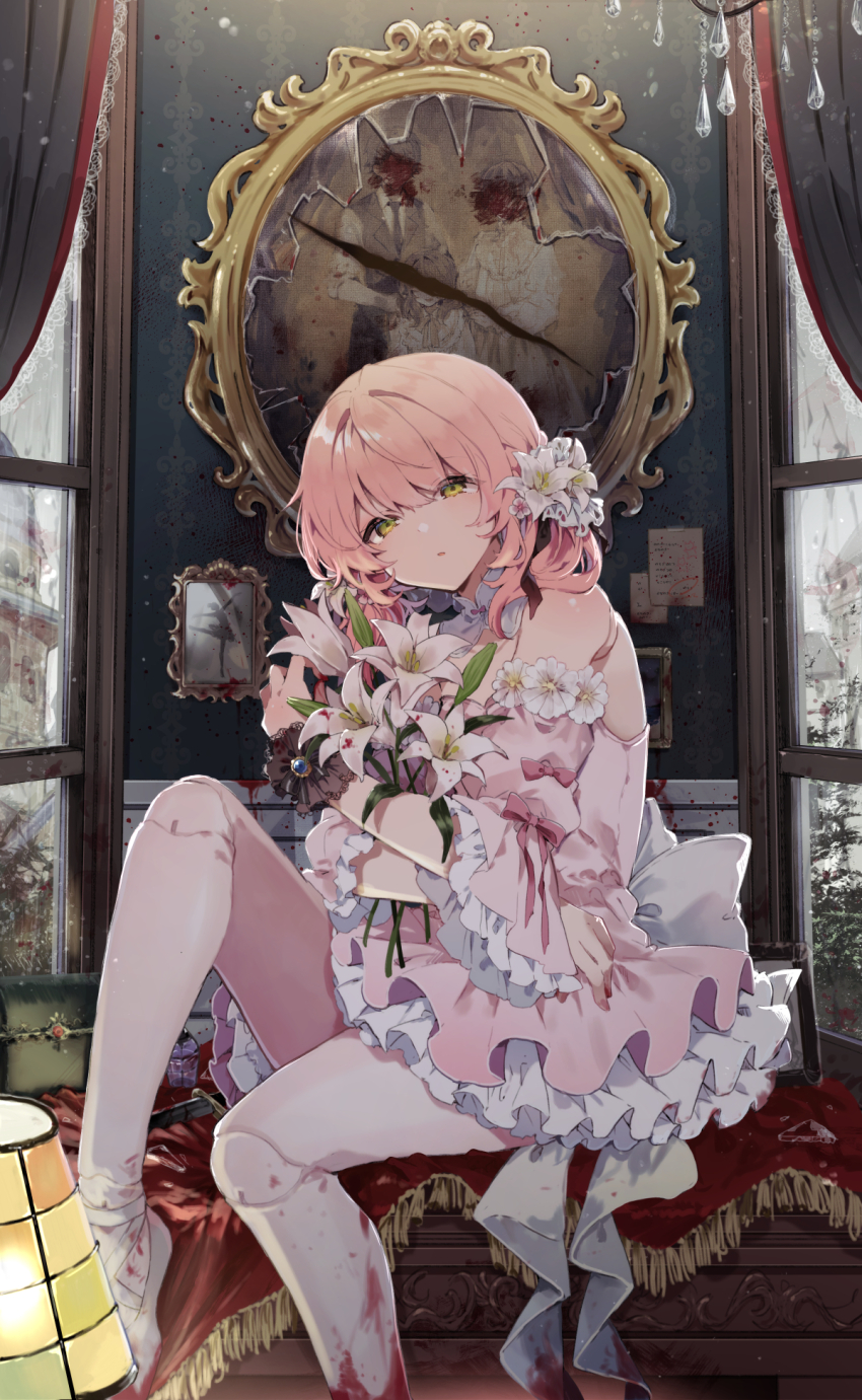 1girl bare_shoulders blood blood_on_clothes bouquet commentary_request curtains detached_sleeves doll_joints dress flower green_eyes hair_between_eyes half-closed_eyes highres hugging_object ikeuchi_tanuma indoors joints knee_up long_hair looking_at_viewer original parted_lips photo_(object) pink_dress pink_hair pink_sleeves puffy_short_sleeves puffy_sleeves shoes short_sleeves sitting solo vandalism white_flower white_shoes wide_sleeves window