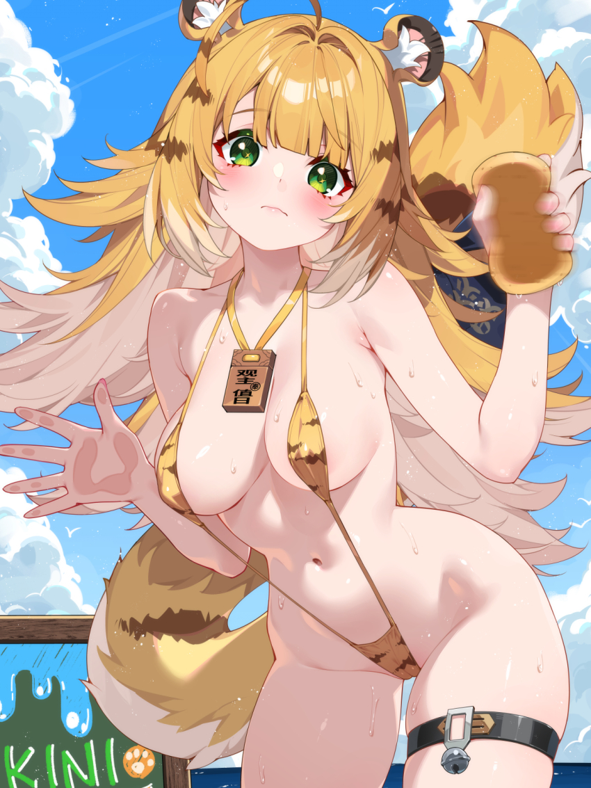 1girl against_fourth_wall against_glass aged_up ahoge alternate_breast_size_(larger) alternate_costume animal_ear_fluff animal_ears bell blonde_hair blush breasts cameltoe closed_mouth colored_inner_hair commentary covered_erect_nipples green_eyes hand_on_glass highres holding holding_sponge ju_fufu large_breasts long_hair looking_at_viewer mixed-language_commentary multicolored_hair navel skindentation slingshot_swimsuit solo sponge standing striped_hair swimsuit tail thigh_strap tiger_ears tiger_girl tiger_stripes tiger_tail waterring wet yellow_slingshot_swimsuit zenless_zone_zero
