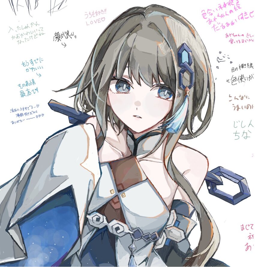 1girl ayateru_(ayaki_geme) bare_shoulders breasts detached_sleeves dress english_text facing_viewer genshin_impact grey_eyes grey_hair guizhong_(genshin_impact) hair_ornament hair_stick hand_up long_hair long_sidelocks looking_to_the_side mixed-language_text pale_skin sidelocks small_breasts standing starry_sky_print teeth thinking upper_body white_background white_dress white_sleeves wide_sleeves