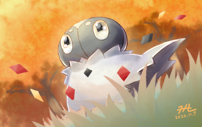 autumn_leaves blurry blurry_background commentary_request dated dutch_angle gen_6_pokemon grass leaf looking_ahead nintendo no_humans null_suke one-hour_drawing_challenge pokemon pokemon_(creature) signature spewpa