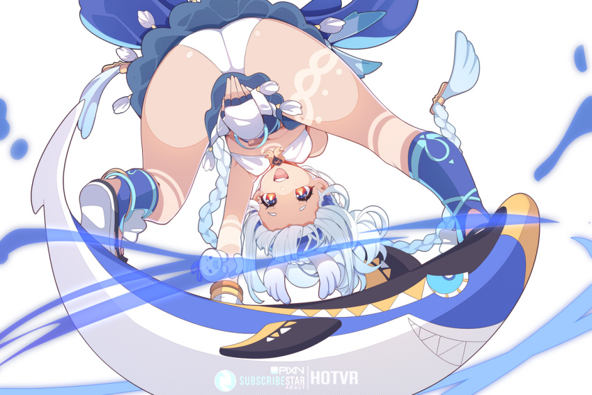 1girl ass bare_shoulders between_legs blue_hair blue_hairband blush body_markings braid breasts chinchilla_ears chinchilla_girl dark_skin fingerless_gloves fish-shaped_pupils genshin_impact gloves gradient_hair hairband hand_between_legs hot_vr long_hair looking_at_viewer low_twin_braids mualani_(genshin_impact) multicolored_hair open_mouth panties red_eyes smile solo surfing symbol-shaped_pupils tan twin_braids underwear upside-down white_hair white_panties