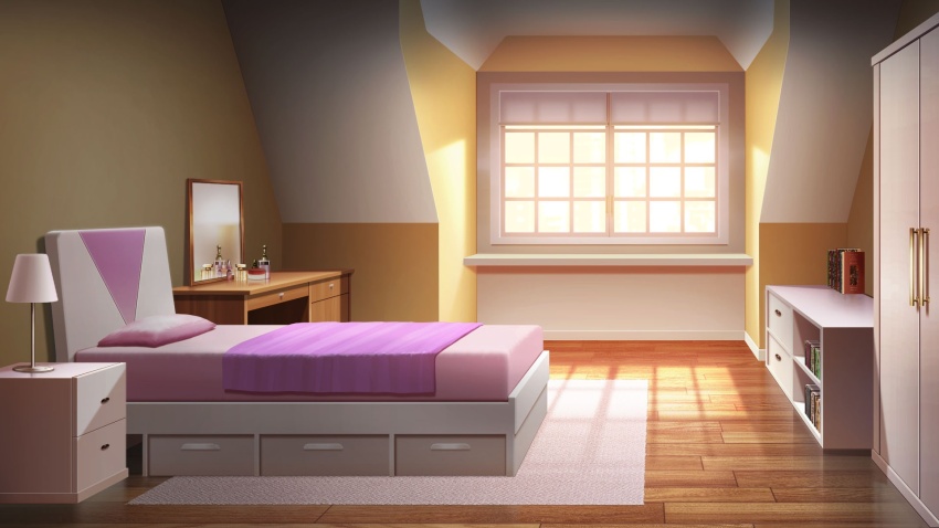 apartment bed bedroom blanket book bookshelf bottle desk_lamp drawer glowing highres indoors lamp mirror no_humans non-web_source official_art our_life:_beginnings_and_always perfume_bottle pillow purple_theme reflective_floor rug scenery sunset table towel vanity_table variant_set wardrobe window window_blinds window_light wooden_floor