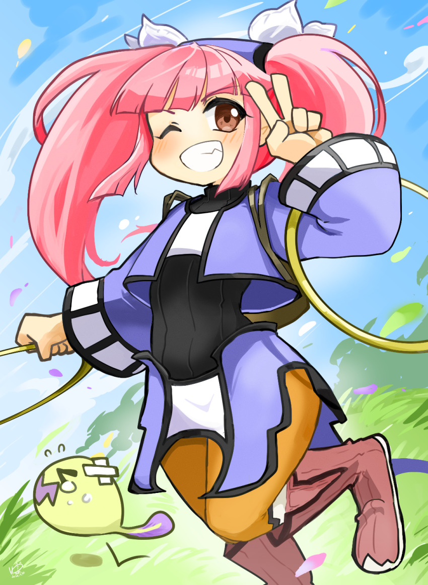 1girl blue_jacket blunt_bangs blush brown_eyes chakram cropped_jacket dewprism foot_out_of_frame grass grin highres holding holding_weapon jacket leg_up long_hair looking_at_viewer mint_(dewprism) one_eye_closed orange_pantyhose pantyhose pink_hair sidelocks smile solo standing standing_on_one_leg twintails v weapon wide_sleeves yukia_(firstaid0)