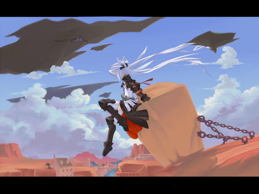 armor bad_id bad_pixiv_id chain cloud day letterboxed long_hair looking_away mof mof&#039;s_silver_haired_twintailed_girl original scenery silver_hair sitting sky solo thighhighs twintails