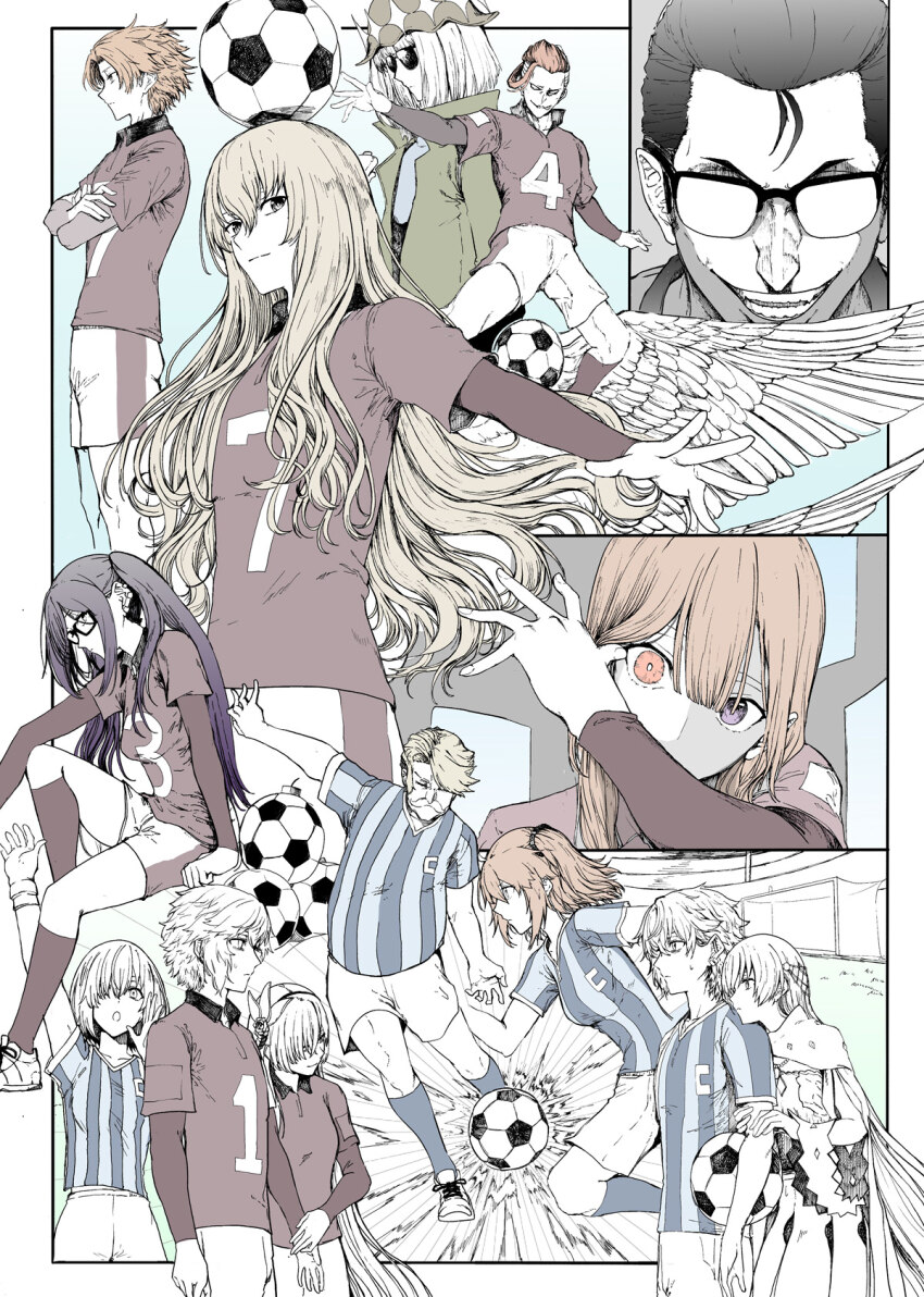 6+boys 6+girls :o akuta_hinako anastasia_(fate) angel_wings arm_up ball beryl_gut black-framed_eyewear black_hair blonde_hair blue_shirt blue_socks brown_hair cape closed_mouth crossed_arms daybit_sem_void dress dual_persona eye_contact facial_hair fate/dream_striker fate/grand_order fate_(series) fujimaru_ritsuka_(female) glasses gloves goal goredolf_musik hair_between_eyes hair_ornament hair_over_one_eye hair_slicked_back hat heterochromia highres jacket kadoc_zemlupus kirschtaria_wodime kneehighs layered_shirt long_hair long_sleeves looking_ahead looking_at_another looking_at_viewer mash_kyrielight medium_hair motion_lines multiple_boys multiple_girls mustache oberon_(fate) opaque_glasses open_mouth ophelia_phamrsolone orange_hair outstretched_arm partially_colored piercing pink_hair purple_eyes red_eyes red_shirt red_socks scandinavia_peperoncino shirt shoes short_hair short_sleeves shorts side_ponytail sitting smile sneakers soccer_ball soccer_field soccer_uniform socks speed_lines sportswear striped_clothes striped_shirt sunglasses sweatdrop syatey teeth vertical-striped_clothes vertical-striped_shirt white_footwear white_hair white_shorts white_wings wings yu_mei-ren_(fate)