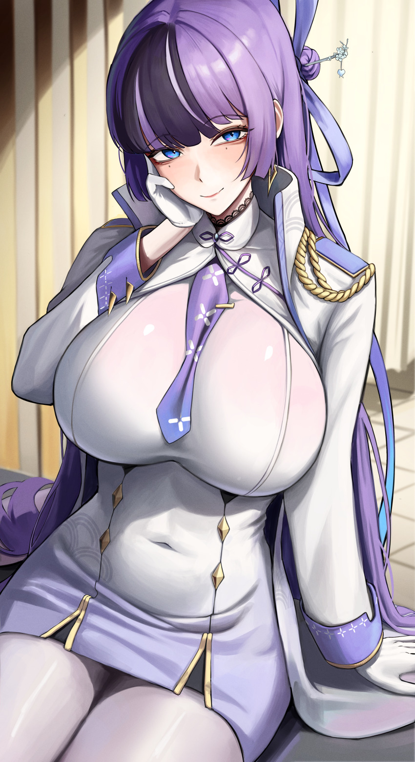 1girl absurdres black_hair blue_eyes bodam breasts dress goddess_of_victory:_nikke hair_bun hair_ribbon highres jien_(nikke) large_breasts long_hair mole mole_under_each_eye mole_under_eye multicolored_hair multiple_moles necktie pantyhose purple_hair purple_necktie ribbon smile solo white_dress white_pantyhose