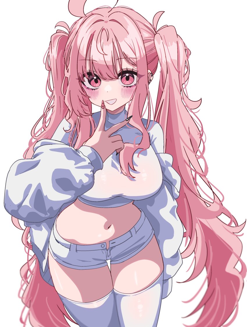 1girl absurdres ahoge blush breasts commentary crop_top dot_nose earclip feet_out_of_frame fingernails hair_between_eyes hand_to_own_mouth hand_up highres jacket long_fingernails long_hair luvluvvox medium_breasts midriff navel off_shoulder open_mouth original pink_eyes pink_hair puffy_sleeves sanpaku short_shorts shorts solo stomach symbol-only_commentary thighhighs twintails unkempt v very_long_hair white_background white_jacket white_shorts white_thighhighs