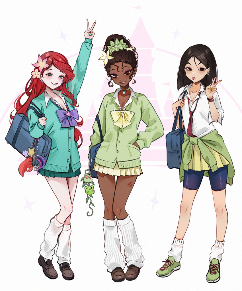 3girls ariel_(disney) barbell_piercing bike_shorts bimbofication black_hair blue_eyes bow bowtie brown_eyes brown_hair cardigan cardigan_around_waist choker clothes_around_waist commentary dark-skinned_female dark_skin disney disney_princess ear_piercing earrings fa_mulan_(disney) fake_nails flower gyaru hair_bun hair_ornament highres industrial_piercing jewelry kogal lipstick_mark lipstick_mark_on_leg long_hair looking_at_viewer loose_bowtie loose_socks makeup mulan_(movie) multiple_girls nail_polish necktie ompf piercing pink_nails ponytail red_hair school_uniform scrunchie shell short_hair skirt smile socks sweater sweater_around_waist the_little_mermaid_(disney) the_princess_and_the_frog tiana_(the_princess_and_the_frog) tongue tongue_out v wrist_scrunchie