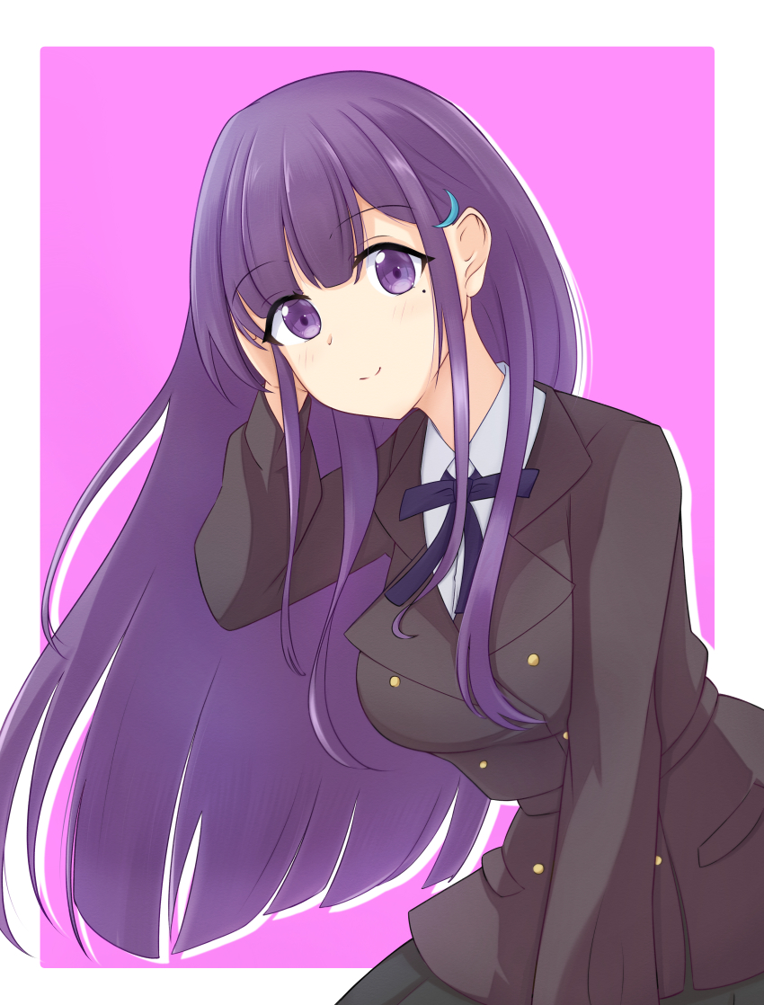 1girl 22/7 absurdres black_skirt blue_ribbon border brown_jacket closed_mouth collared_shirt cowboy_shot hair_ornament hand_in_own_hair highres ichinose_hotaru jacket long_hair long_sleeves mole mole_under_eye neck_ribbon outside_border pleated_skirt purple_background purple_eyes purple_hair ribbon shirt skirt smile solo standing takumitu_711 white_border white_shirt