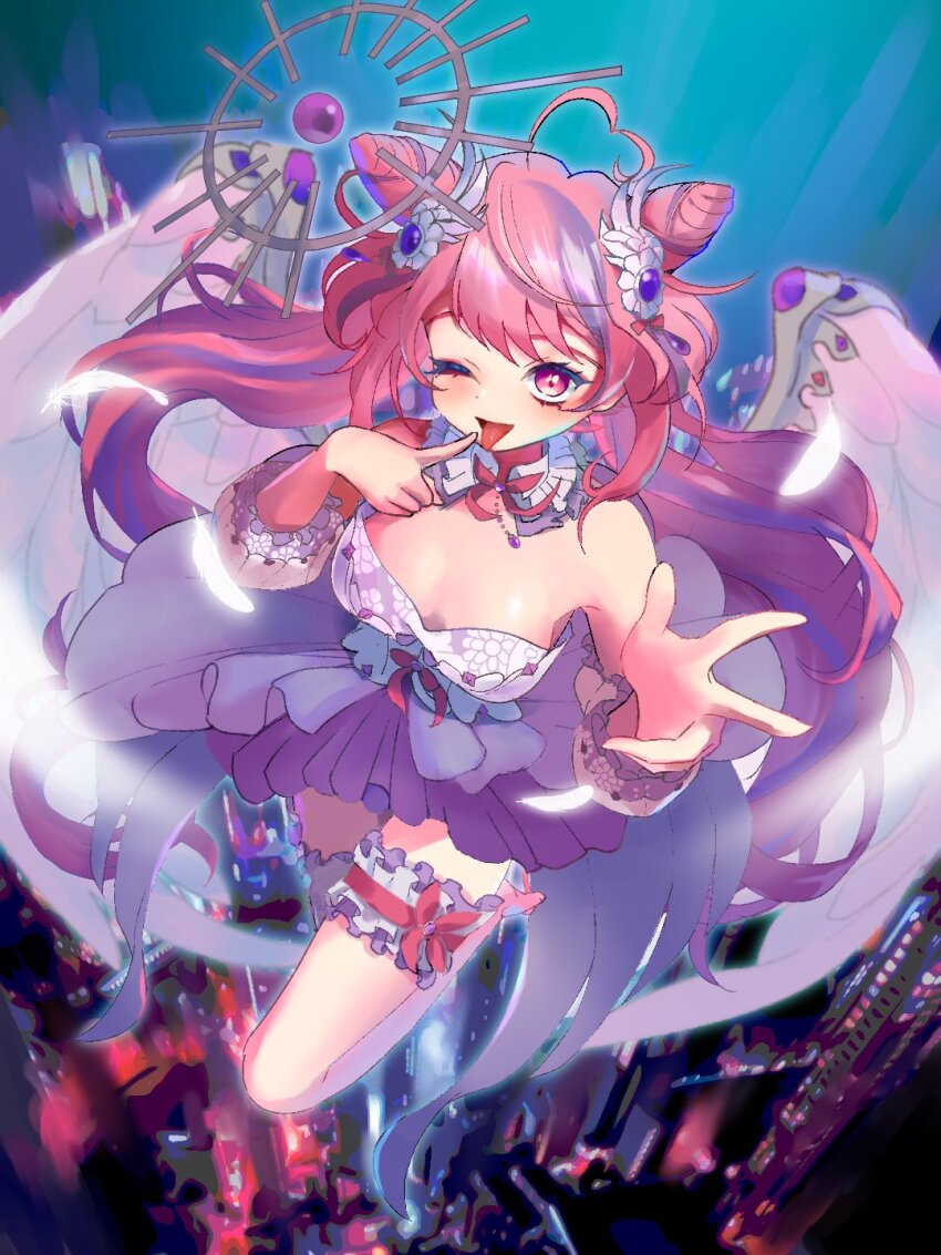 1girl ahoge bow bowtie collar cone_hair_bun detached_collar detached_sleeves double_bun dress frilled_thigh_strap gem hair_bun halo heart heart_ahoge highres ironmouse ironmouse_(fallen_angel) long_hair multicolored_hair one_eye_closed pink_bow pink_bowtie pink_hair purple_gemstone purple_hair purple_ribbon ribbon solo streaked_hair thigh_strap tongue tongue_out virtual_youtuber vshojo white_collar white_dress white_wings wings yuarima2