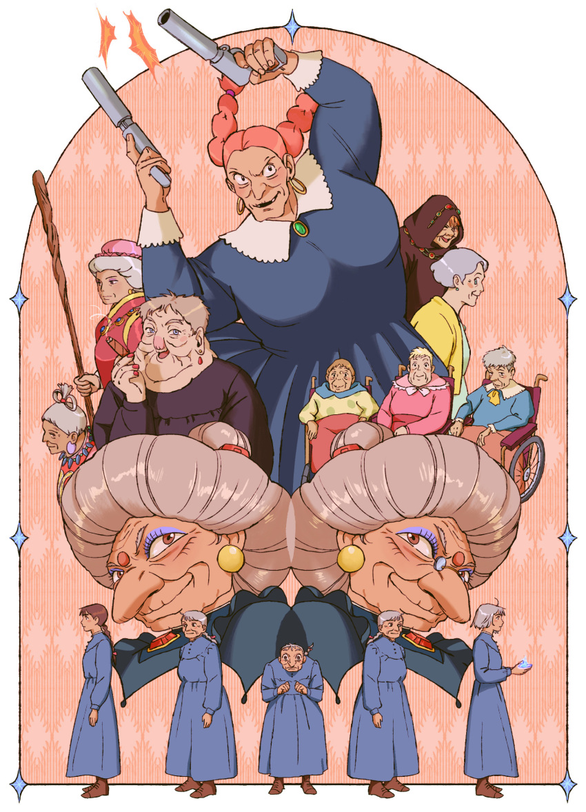 6+girls big_head big_nose blanket blonde_hair blue_dress braid breasts brooch brown_cloak brown_footwear brown_hair cardigan cigar cloak closed_eyes closed_mouth cropped_torso dola_(laputa) dress earrings eyeshadow firing frilled_sleeves frills from_side full_body gake_no_ue_no_ponyo glasses grey_hair gun hair_bun highres hii-sama_(mononoke_hime) holding holding_cigar holding_gun holding_staff holding_weapon hoop_earrings howl_no_ugoku_shiro jewelry kaze_no_tani_no_nausicaa large_breasts long_nose madame_(majo_no_takkyuubin) majo_no_takkyuubin makeup missing_tooth mohtz mole mole_on_forehead mononoke_hime multiple_girls multiple_views noriko_(gake_no_ue_no_ponyo) obaba old old_woman open_mouth orange_hair pink_dress pink_hair pink_headwear red_nose red_ribbon ribbon round_eyewear sen_to_chihiro_no_kamikakushi short_hair single_braid single_hair_bun sitting smile smoke sophie_hatter staff studio_ghibli suliman tenkuu_no_shiro_laputa toki_(gake_no_ue_no_ponyo) weapon wheelchair witch_of_the_waste wrinkled_skin yellow_cardigan yoshie_(gake_no_ue_no_ponyo) yubaba