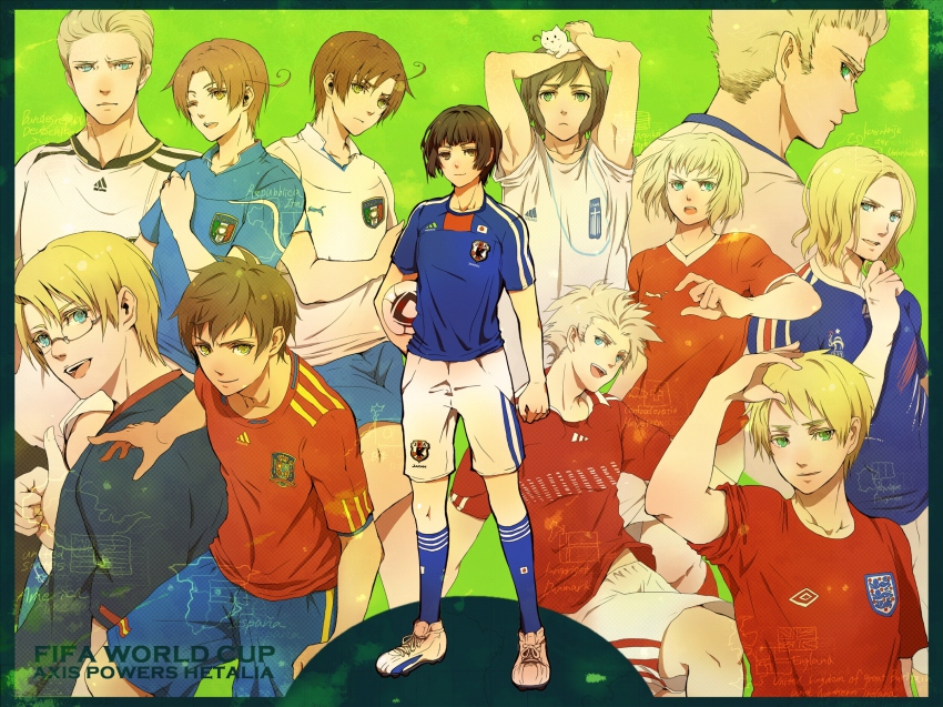 2010_fifa_world_cup 6+boys adidas ahoge america_(hetalia) armpits axis_powers_hetalia bad_id bad_pixiv_id ball blonde_hair blue_eyes brown_hair cat cleats clothes_writing denmark_(hetalia) france_(hetalia) germany_(hetalia) glasses greece_(hetalia) green_eyes highres jabulani male_focus multiple_boys netherlands_(hetalia) northern_italy_(hetalia) cougar puma_(brand) senano-yu shoes sneakers soccer soccer_ball socks southern_italy_(hetalia) spain_(hetalia) sportswear switzerland_(hetalia) united_kingdom_(hetalia) world_cup