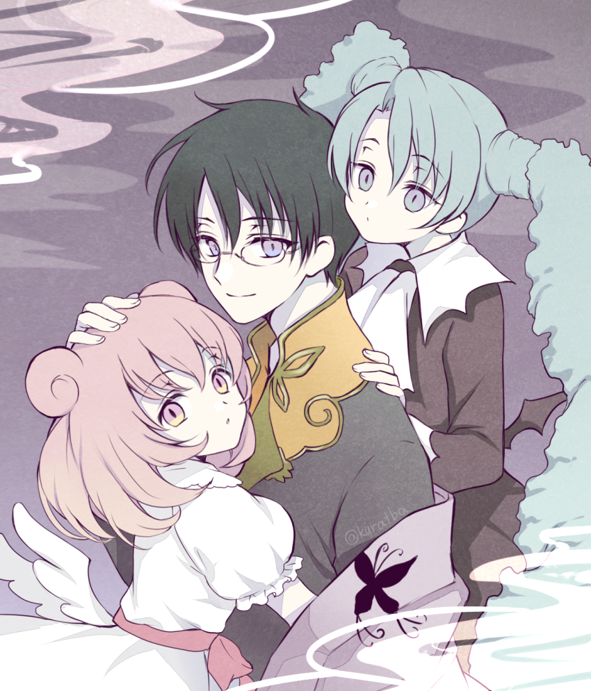 1boy 2girls animal_print artist_name blue_hair butterfly_print closed_mouth double_bun dress glasses hair_bun hand_on_another&#039;s_head hand_on_another&#039;s_shoulder highres hug kurabayashi light_smile looking_at_viewer maru_(xxxholic) moro_(xxxholic) multicolored_eyes multiple_girls official_style parted_bangs pink_hair puffy_sleeves red_ribbon ribbon short_hair slit_pupils twintails watanuki_kimihiro white_dress white_wings wings xxxholic