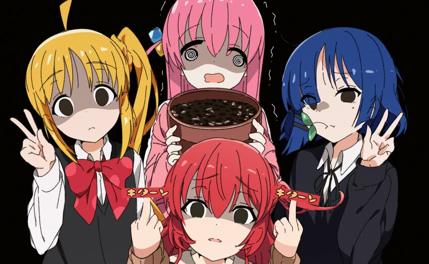 4girls 6_9 @_@ ahoge black_background blank_eyes blank_stare blonde_hair blue_eyes blue_hair bocchi_the_rock! cube_hair_ornament double_middle_finger empty_eyes flower_pot gotoh_hitori goumonsha green_eyes hair_ornament highres ijichi_nijika kita_ikuyo long_hair middle_finger mole mole_under_eye multiple_girls one_side_up pink_hair plant potted_plant red_hair school_uniform shaded_face side_ponytail simple_background unamused v yamada_ryo yellow_eyes
