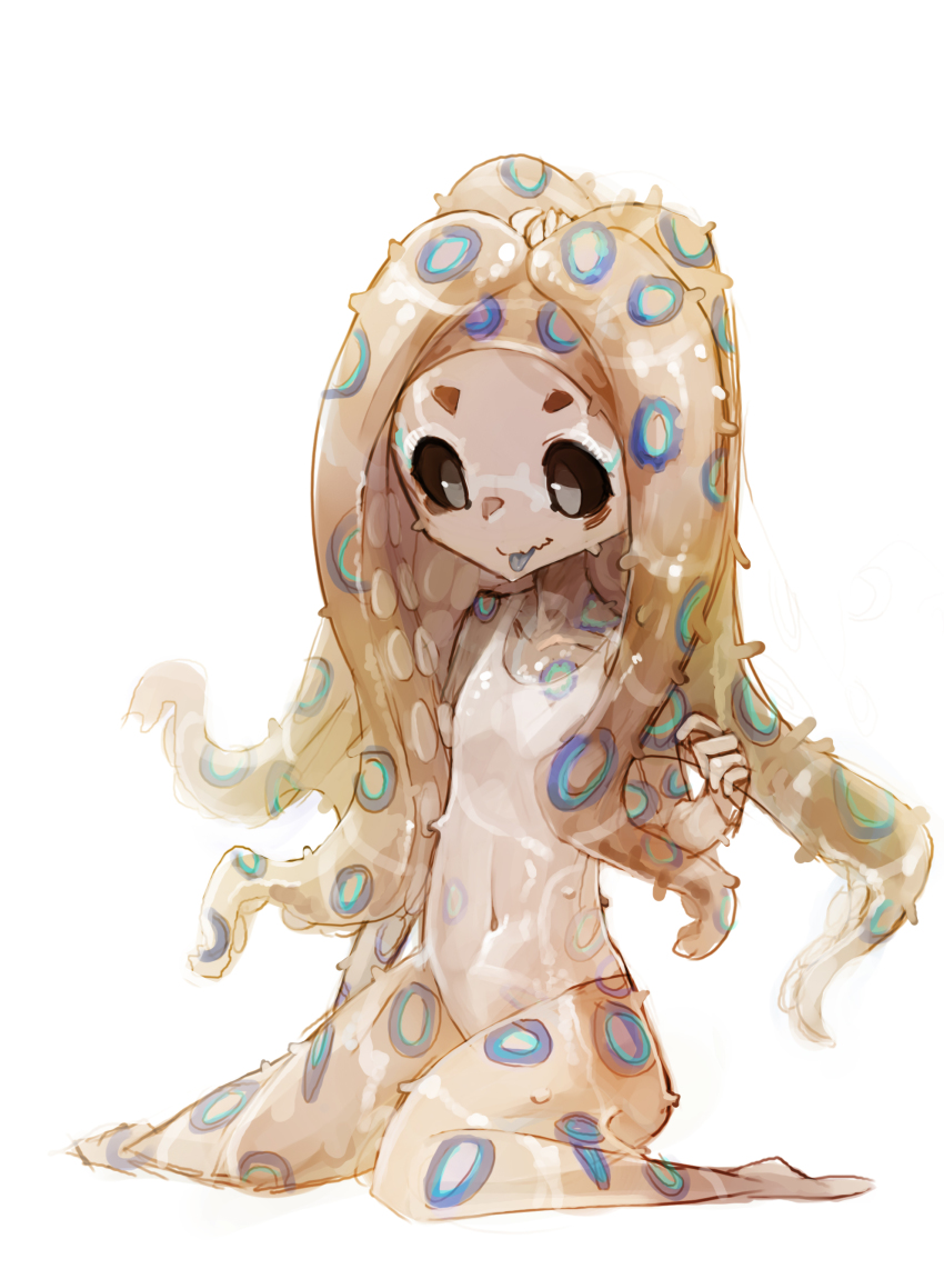 1girl :p absurdres barefoot black_sclera colored_sclera flat_chest highres long_hair monster_girl my700 navel one-piece_swimsuit original scylla simple_background sitting skindentation solo swimsuit tentacle_hair tongue tongue_out wariza white_background