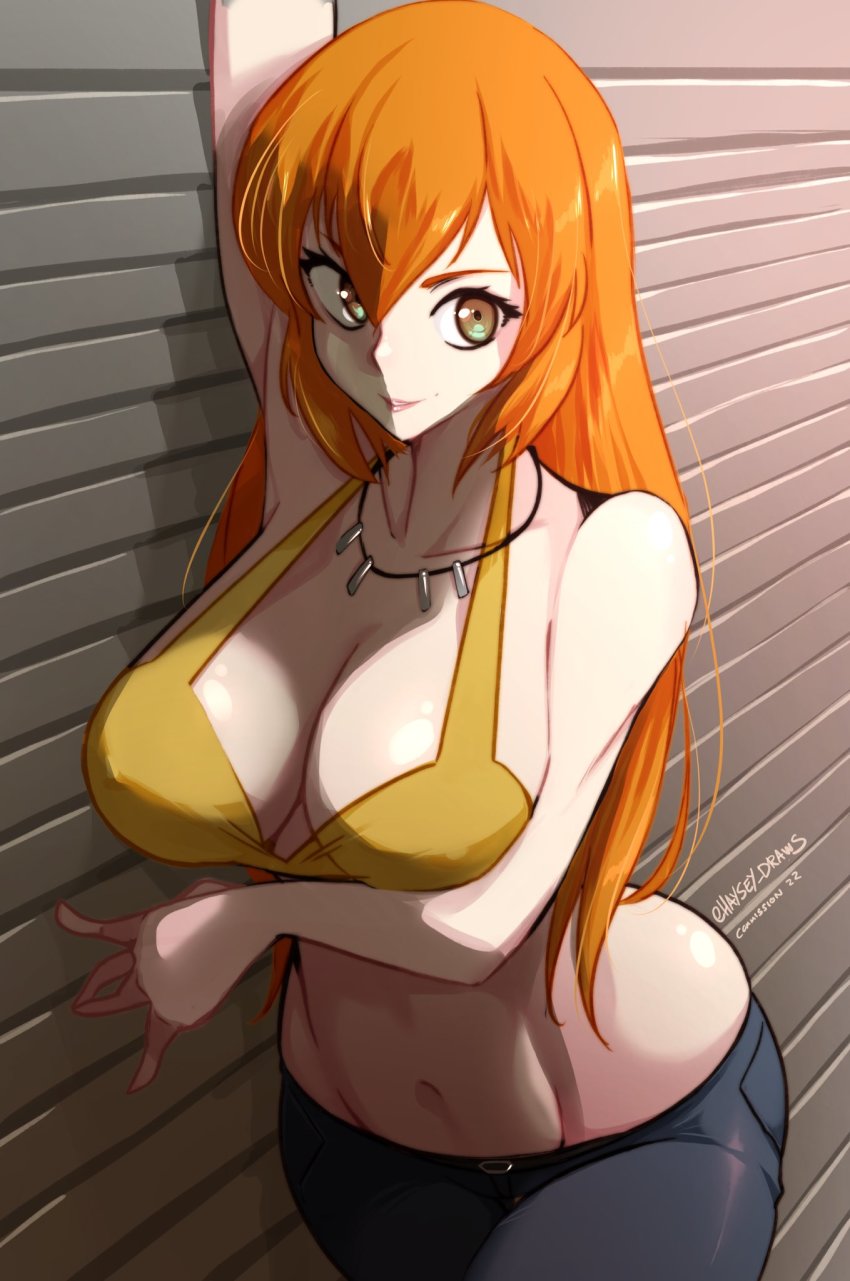 1girl against_wall arm_up artist_name breasts brown_eyes cleavage curvy denim haysey highres hip_bones jewelry joy_(shenmue) large_breasts long_hair midriff navel necklace orange_hair sega shenmue shenmue_ii shiny_skin sideboob sidelocks smile tank_top wide_hips
