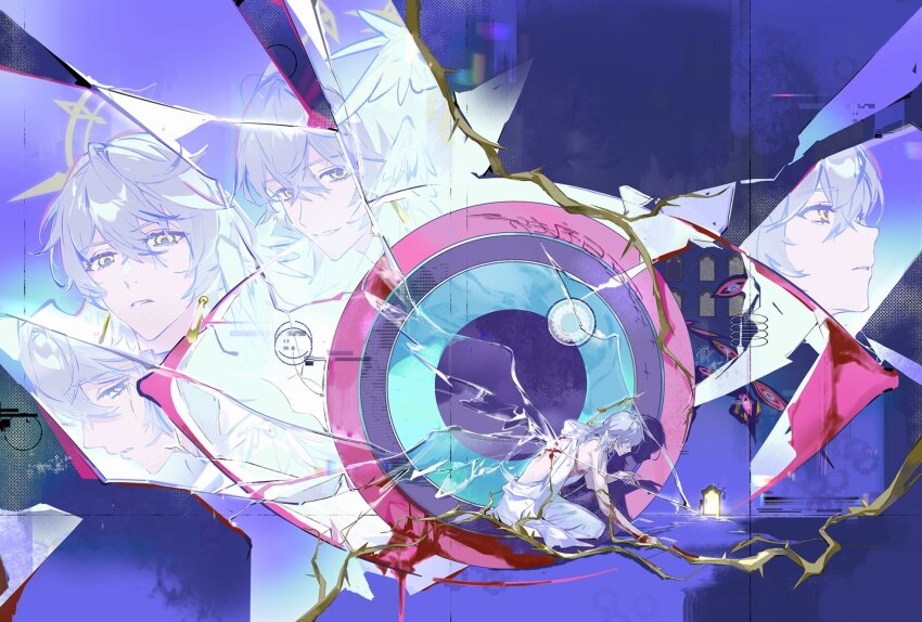 1boy ancient_greek_clothes blue_eyes broken_glass chiton deep_wound disembodied_eye dual_persona earrings entangled feathered_wings glass glass_shards glitch glowing gold_earrings greco-roman_clothes grey_hair hair_between_eyes halo halo_behind_head head_wings highres honkai:_star_rail honkai_(series) injury jewelry kneeling male_focus medium_hair multicolored_eyes multiple_reflections on_ground parted_lips plant purple_background purple_eyes qingming_tiaohetu reflection restrained silhouette sunday_(honkai:_star_rail) tunic two-tone_eyes vines white_tunic white_wings wings yellow_eyes yellow_halo