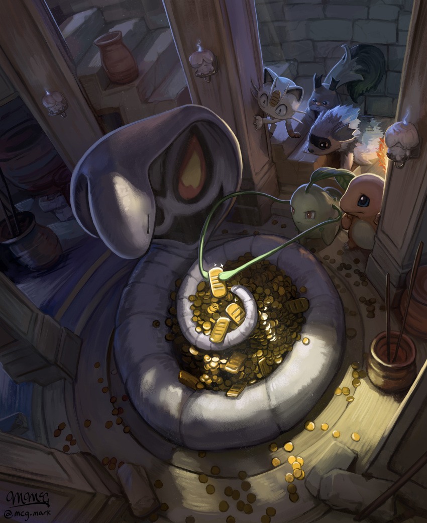 animal arbok brown_eyes brown_fur charmander chikorita closed_eyes colored_skin fire gen_1_pokemon gen_2_pokemon gen_3_pokemon gen_5_pokemon gen_8_pokemon giant_snake gold green_skin highres indoors leaf litwick mcgmark meowth nintendo no_humans orange_skin oversized_animal pillar plant pokemon pokemon_(creature) pottery ruins signature skwovet snake stairs stone_wall treasure two-tone_fur vines zigzagoon