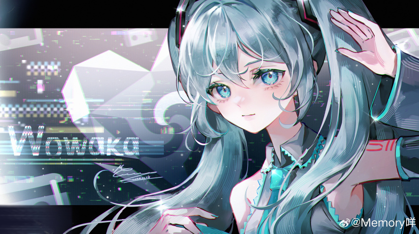 1girl absurdres aqua_nails bare_shoulders black_background black_sleeves blue_eyes blue_hair chinese_commentary closed_mouth collared_shirt commentary_request detached_sleeves eyelashes glitch grey_shirt hair_between_eyes hair_ornament hatsune_miku heart highres lace lace-trimmed_shirt lace_trim letterboxed light_particles light_smile lips long_hair long_sleeves memory_mie nail_polish number_tattoo outside_border pink_lips shirt shoulder_tattoo sleeveless sleeveless_shirt solo tattoo twintails upper_body vocaloid watermark weibo_watermark