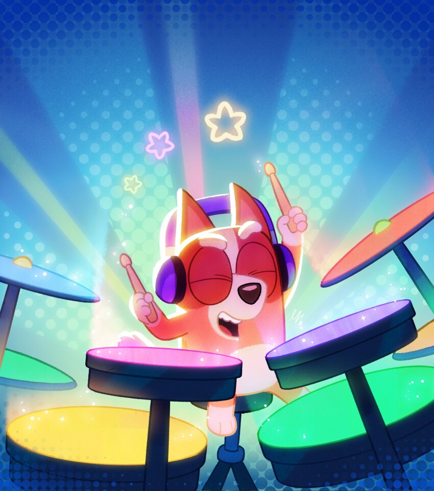 1girl bingo_heeler bluey closed_eyes costa_daniel_kassab drumsticks furry halftone halftone_background headphones highres holding holding_drumsticks official_art playing_drum sitting smile star_(symbol)