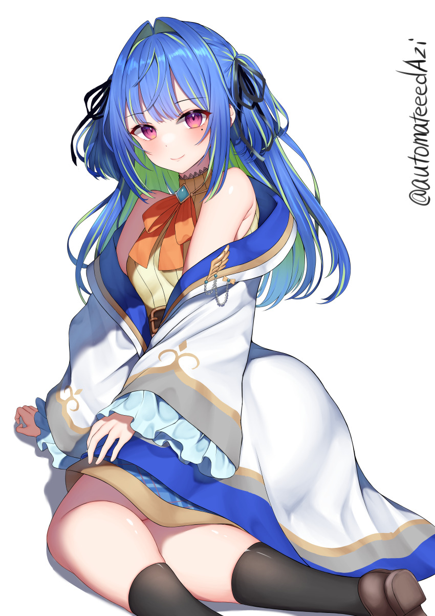 1girl absurdres belt black_ribbon black_socks blue_brooch blue_hair blue_skirt blush bow bowtie breasts brown_belt brown_shoes closed_mouth coat commentary_request foot_out_of_frame frilled_sleeves frills green_hair hair_intakes hair_ribbon highres long_hair long_sleeves looking_at_viewer m-&gt;g mole mole_under_eye multicolored_hair nanashi_inc. open_clothes open_coat orange_bow orange_bowtie pink_eyes plaid_trim ribbon shirt shoes simple_background sitting skirt small_breasts smile socks solo striped_clothes striped_shirt suzumi_nemo suzumi_nemo_(1st_costume) two-tone_hair two_side_up vertical-striped_clothes vertical-striped_shirt virtual_youtuber white_background white_coat yokozuwari