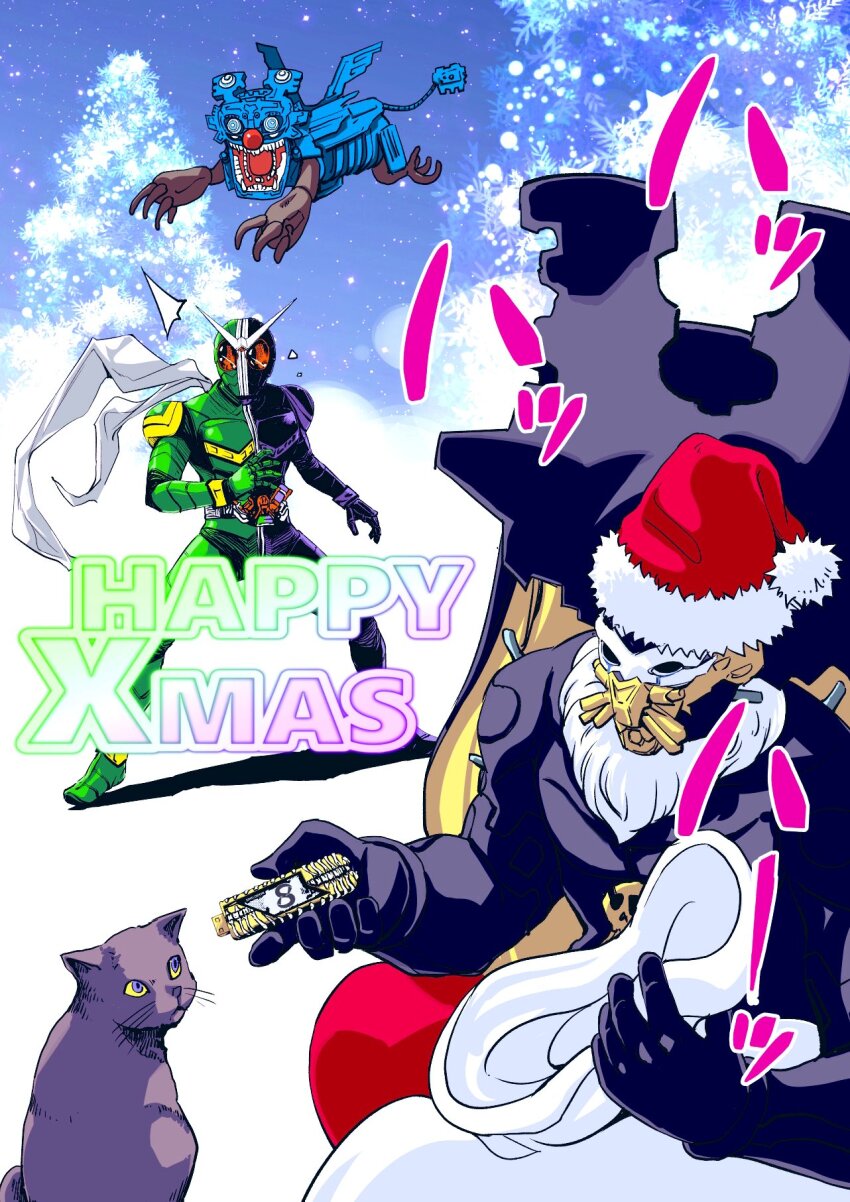 armor belt bodysuit cape cat christmas claws double_driver full_body gaia_memory hat highres holding holding_sack kamen_rider kamen_rider_double kamen_rider_w mick_(w) monster multiple_boys official_art red_eyes rider_belt sack santa_hat sato_masaki_(masayakofu) scarf snow standing tail teeth terror_dopant terror_dragon tokusatsu wings