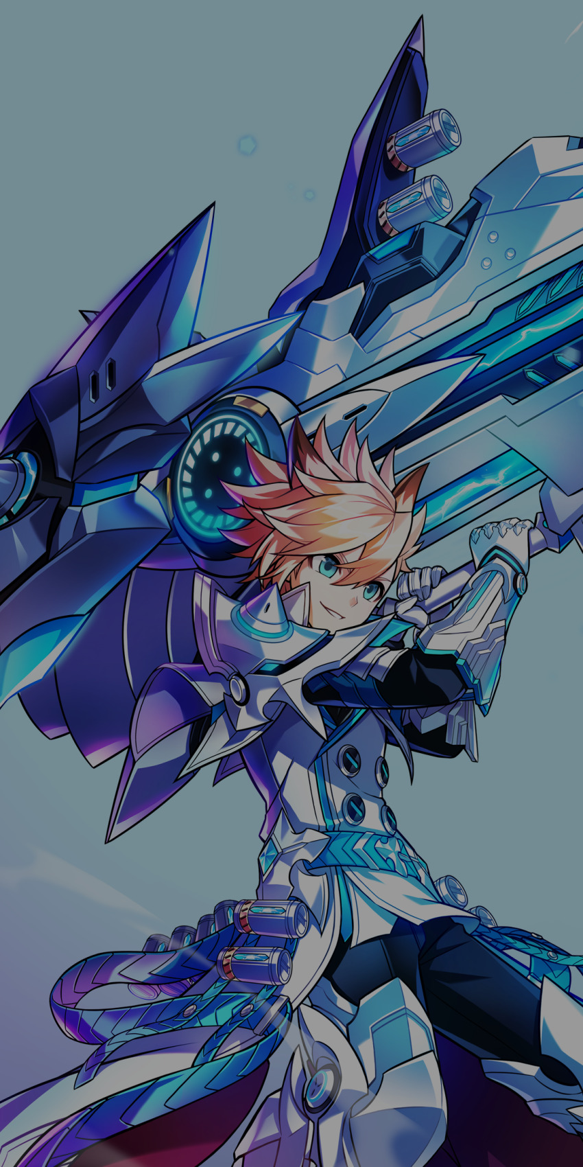 1boy aqua_eyes armor armored_boots belt black_pants black_shirt blonde_hair blue_background blue_belt boots bracer brown_hair buttons chung_seiker coat collared_coat colored_tips cowboy_shot determined dot_nose double-breasted elsword gauntlets hair_between_eyes hair_ears highres holding_cannon huge_weapon hwansang legs_apart long_sleeves looking_ahead male_focus messy_hair multicolored_hair official_art pants parted_lips pauldrons potion science_fiction second-party_source shirt shoulder_armor shoulder_spikes simple_background smirk solo spikes standing teeth thigh_boots two-tone_hair weapon white_boots white_coat
