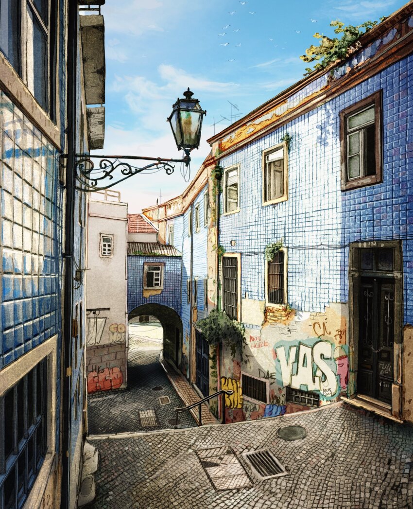 arch blue_sky day door drainpipe francisco_fonseca graffiti grate highres lamppost no_humans open_window original radio_antenna railing sewer_grate sky stairs suburb window