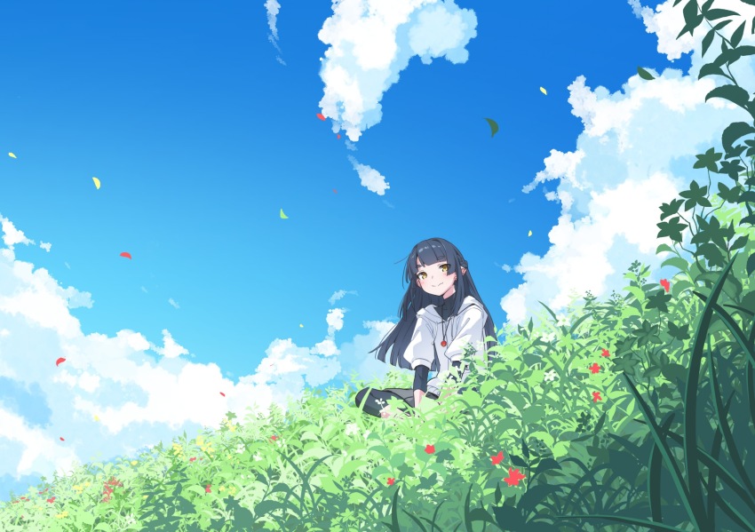 1girl akari_(raigou) black_hair blue_sky closed_mouth cloud commentary elf english_commentary flower highres hood hoodie jewelry leaf long_hair long_sleeves original outdoors pendant plant pointy_ears raigou red_flower sky solo white_hoodie yellow_eyes