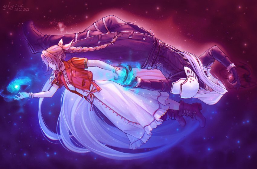 1boy 1girl aerith_gainsborough armor bangle belt black_footwear black_jacket black_pants boots bracelet braid braided_ponytail breasts brown_footwear brown_hair buttons choker closed_eyes cropped_jacket dated dress final_fantasy final_fantasy_vii final_fantasy_vii_remake flower_choker full_body grey_hair hair_ribbon highres holding holding_hands jacket jewelry kay-i long_bangs long_dress long_hair long_jacket long_sleeves materia outstretched_hand pants parted_bangs pink_dress pink_ribbon profile red_jacket ribbon sephiroth short_sleeves shoulder_armor sidelocks sky square_enix star_(sky) starry_sky twitter_username very_long_hair