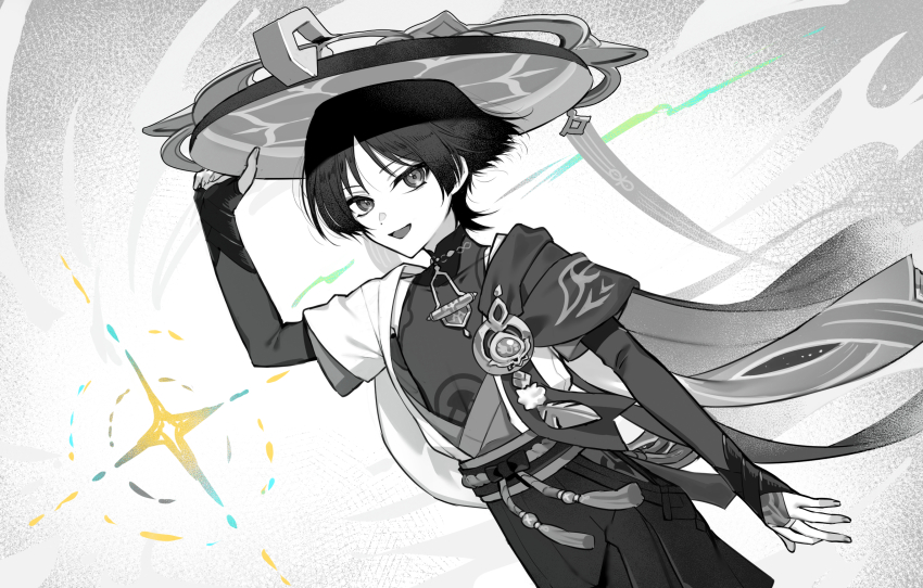 1boy anemo_symbol_(genshin_impact) arm_at_side armor belt blunt_ends bodysuit bow bridal_gauntlets buku2_suisou cape collarbone feathers genshin_impact hakama hakama_shorts hand_up hat highres hip_vent holding holding_unworn_clothes holding_unworn_hat japanese_armor japanese_clothes jingasa kimono kote layered_clothes layered_kimono layered_sleeves looking_at_viewer male_focus mandarin_collar monochrome open_mouth parted_bangs pom_pom_(clothes) rope sash scaramouche_(genshin_impact) shooting_star short_sleeves shorts shoulder_peek smile solo unworn_hat unworn_headwear vision_(genshin_impact) wanderer_(genshin_impact) white_background