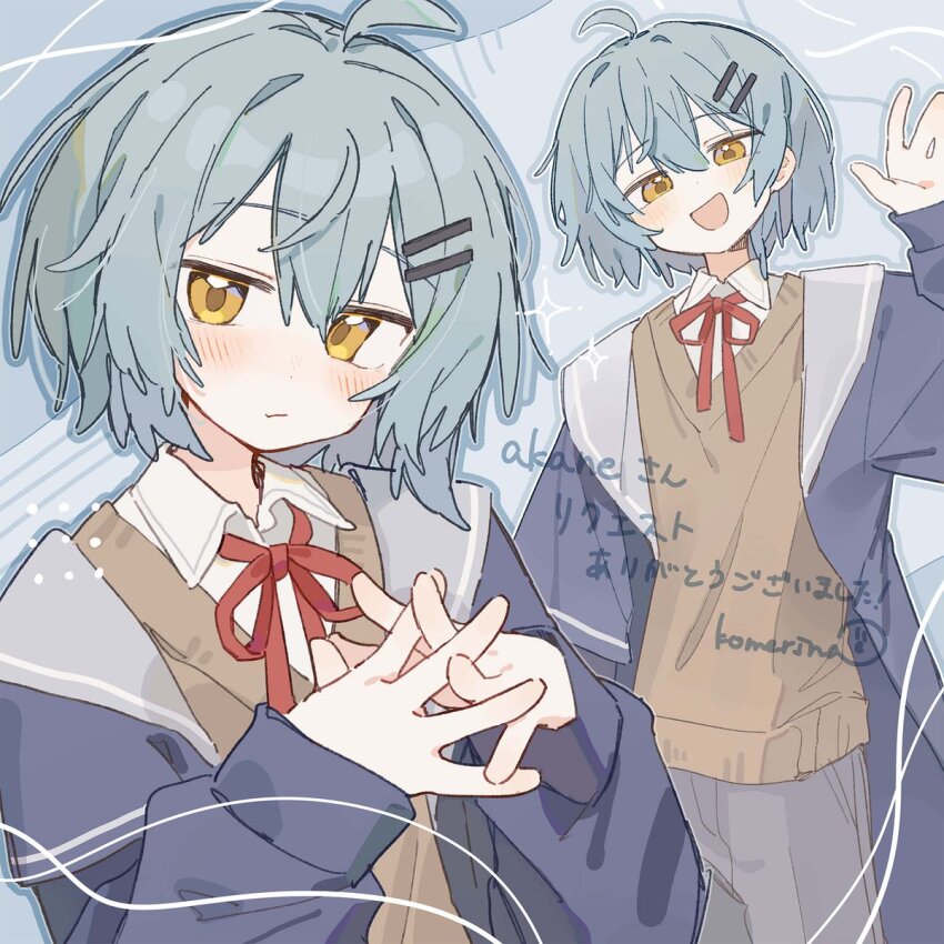 1boy :d ahoge arm_up artist_name blue_background blue_hair blue_jacket blush brown_sweater closed_mouth collared_shirt commentary commission cowboy_shot crossed_bangs dot_nose fang grey_pants hair_between_eyes hair_intakes hair_ornament hairclip hands_up head_tilt highres jacket komerina light_blush long_sleeves looking_at_viewer male_focus multiple_views narrowed_eyes neck_ribbon open_mouth original own_hands_together pants parallel_hairclips red_ribbon ribbon shirt short_hair sidelocks signature skin_fang sleeves_past_wrists smile standing star_(symbol) steepled_fingers sweater translated upper_body v-neck waving white_shirt yellow_eyes