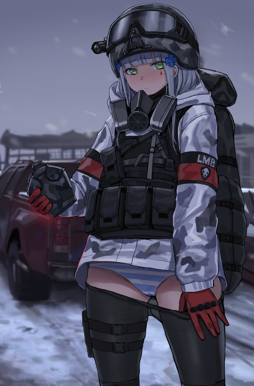 1girl absurdres backpack bag black_pantyhose blunt_bangs blush camouflage camouflage_jacket facial_mark gas_mask girls&#039;_frontline gloves green_eyes hair_ornament helmet highres hk416_(fang)_(girls&#039;_frontline) hk416_(girls&#039;_frontline) holding jacket kuro_(zhurunbo1997) last_man_battalion long_hair long_sleeves looking_at_viewer mask military military_combat_uniform military_uniform motor_vehicle outdoors panties panty_pull pantyhose pulling_own_clothes red_gloves respirator silver_hair snow snow_camouflage snowing striped_clothes striped_panties sweat teardrop thigh_strap tom_clancy&#039;s_the_division underwear vest winter_uniform