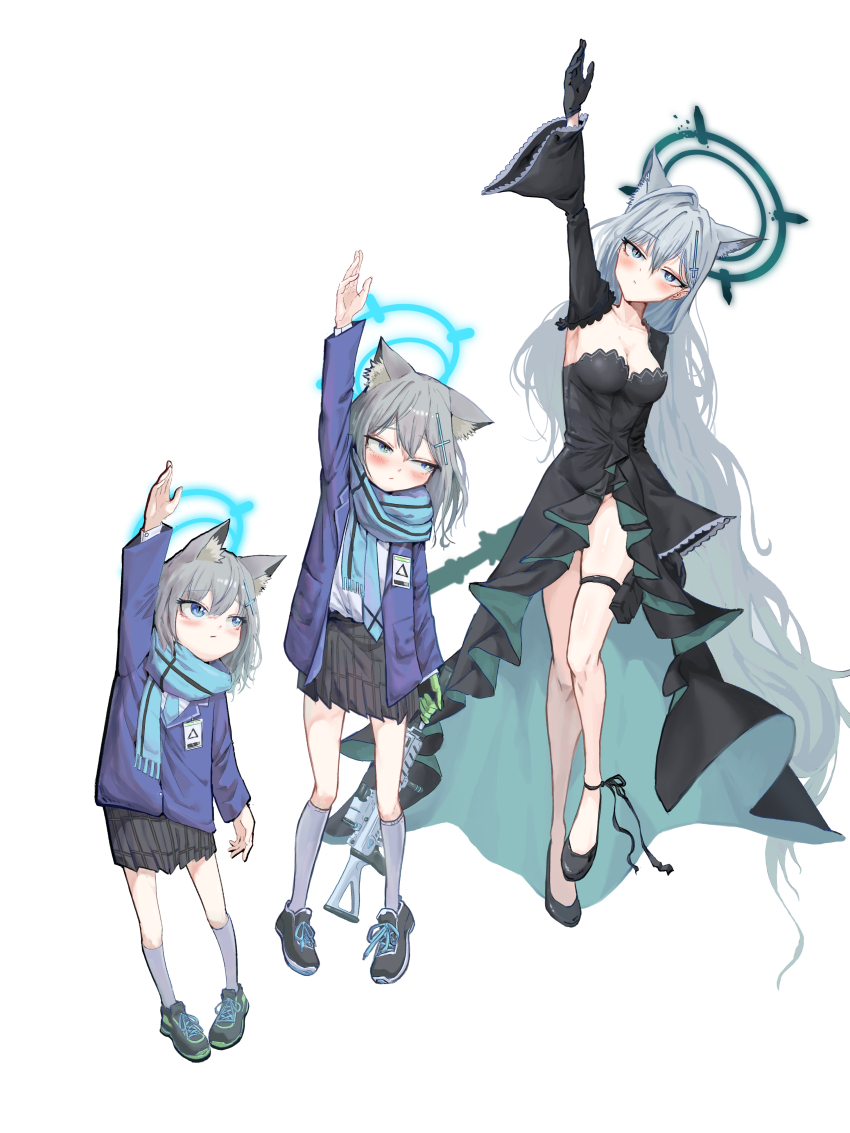 3girls absurdres age_progression ahoge animal_ear_fluff animal_ears assault_rifle black_choker black_dress black_halo blazer blue_archive blue_eyes blue_halo blue_necktie blue_scarf blush breasts broken_halo child choker cleavage closed_mouth cross cross_hair_ornament dark_halo detached_sleeves dress extra_ears gameplay_mechanics gloves green_gloves grey_hair gun hair_between_eyes hair_ornament halo highres inverted_cross jacket kongaru_123 large_breasts long_hair long_sleeves looking_at_viewer medium_hair mismatched_pupils multiple_girls multiple_persona necktie rifle scarf shiroko_(blue_archive) shiroko_(young)_(blue_archive) shiroko_terror_(blue_archive) shirt short_hair sig_sauer sig_sauer_556 simple_background time_paradox weapon white_background wide_sleeves wolf_ears
