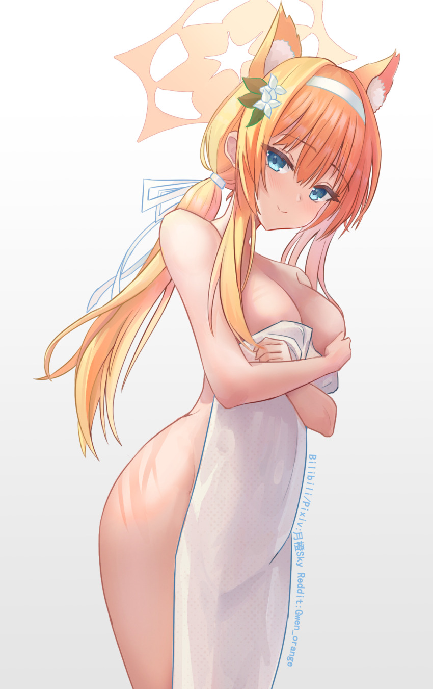 1girl animal_ear_fluff animal_ears bilibili_username blue_archive blue_eyes breasts closed_mouth completely_nude covering_breasts covering_privates flower gradient_background grey_background gwen_orange hair_between_eyes hairband halo highres holding holding_towel long_hair looking_at_viewer mari_(blue_archive) medium_breasts nude orange_hair orange_halo pixiv_username ponytail reddit_username smile solo standing towel white_flower white_hairband