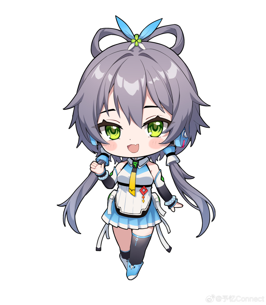 1girl absurdres asymmetrical_legwear bare_shoulders black_socks black_thighhighs blue_boots boots chibi chinese_commentary elbow_gloves fingerless_gloves full_body gloves green_eyes grey_hair hair_ornament hair_rings highres long_hair looking_at_viewer luo_tianyi luo_tianyi_v4 necktie pleated_skirt ribbon shirt shoes short_hair_with_long_locks simple_background skirt sleeveless sleeveless_shirt socks solo standing thighhighs twintails uneven_legwear vocaloid vsinger_(vocaloid) watermark weibo_username weibo_watermark white_background white_boots white_ribbon yellow_necktie