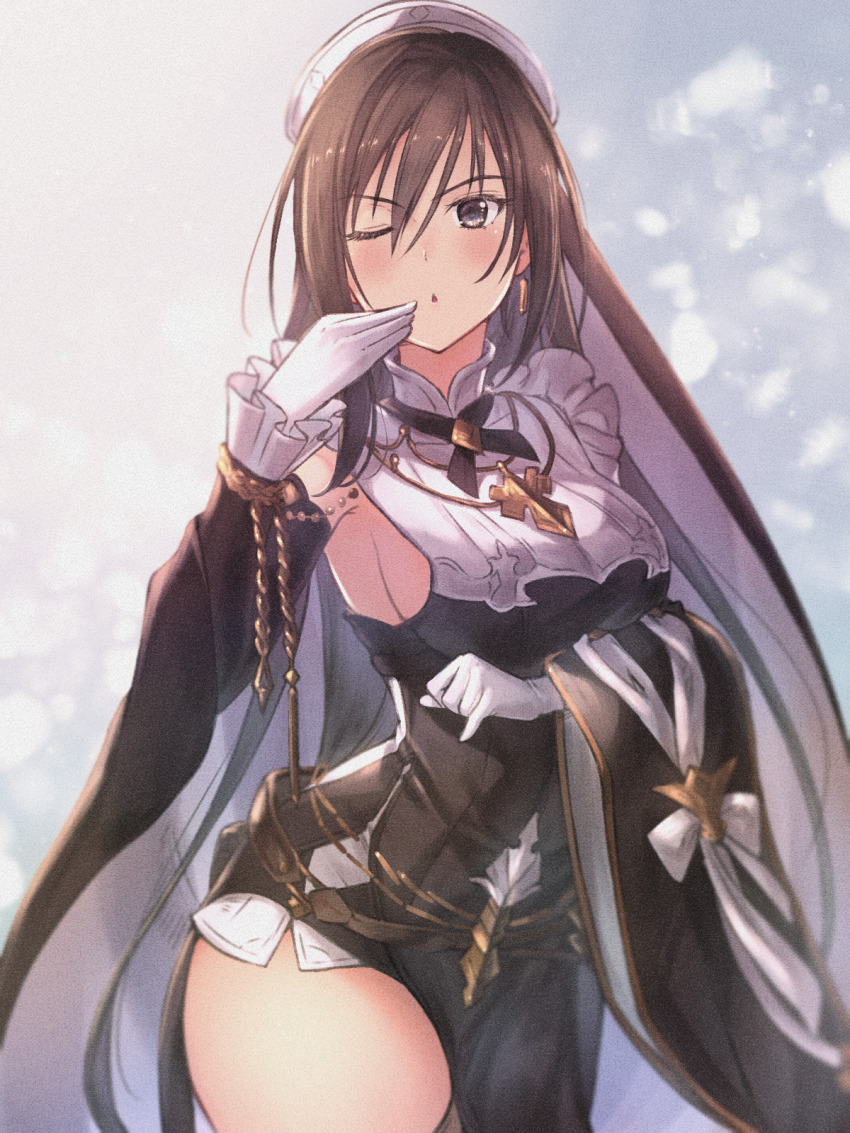 1girl :o alternate_costume animal_ears asymmetrical_clothes asymmetrical_hair blush breasts brown_hair character_request commission cosplay detached_sleeves frilled_sleeves frills galleon_(granblue_fantasy) galleon_(granblue_fantasy)_(cosplay) gloves granblue_fantasy hair_between_eyes highres large_breasts long_hair one_eye_closed pixiv_commission maxima_sakuya_enfield sassakntm shining_(series) shining_blade sideboob solo veil very_long_hair white_gloves