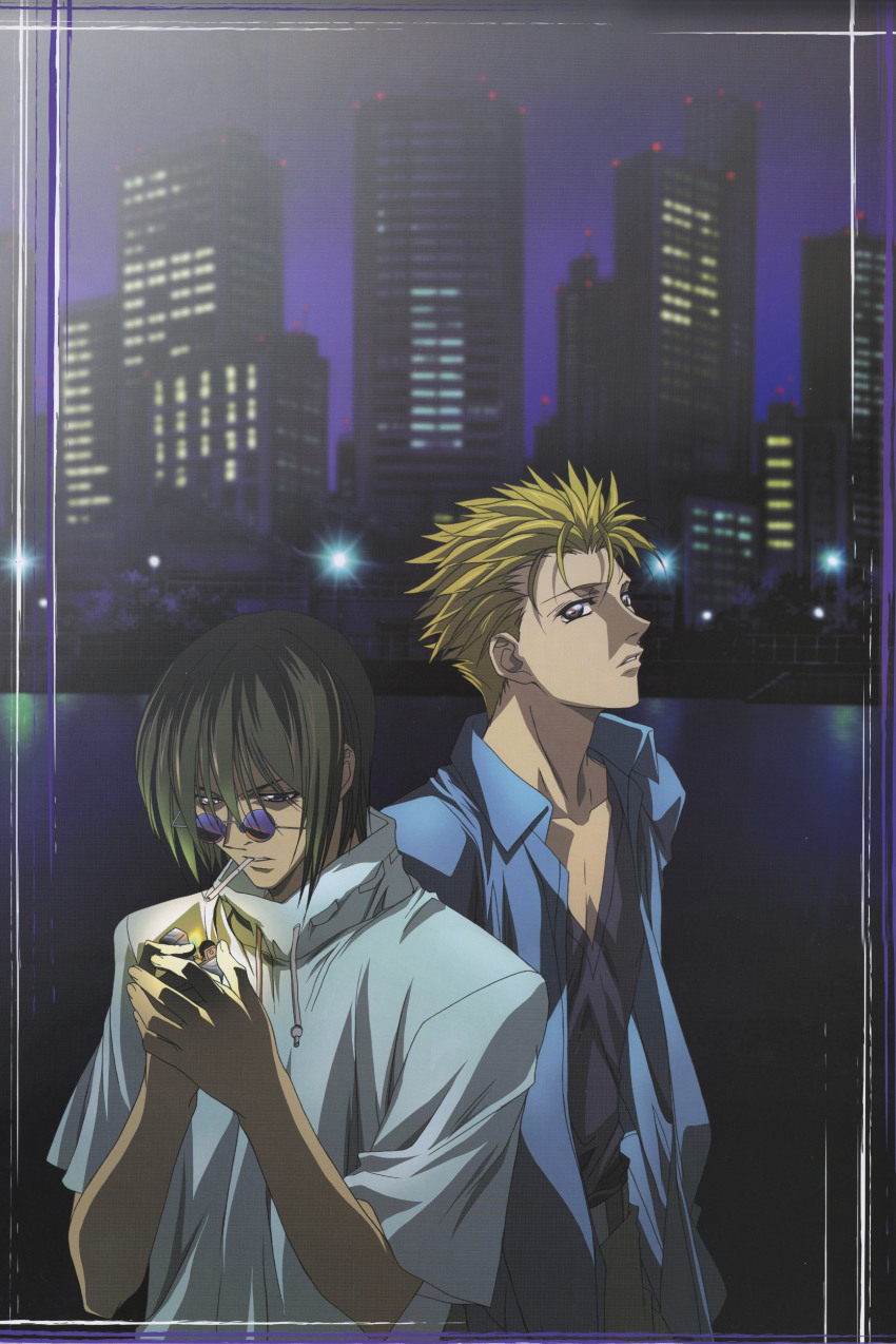 2boys absurdres amano_ginji black_hair blonde_hair brown_eyes cigarette getbackers highres lighter male_focus midou_ban multiple_boys nakajima_atsuko scan sunglasses