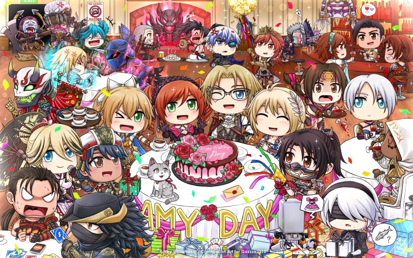 2b_(nier:automata) 6+boys 6+girls absurdres amy_sorel azwel black_hair blonde_hair blue_eyes brown_hair cervantes_de_leon chai_xianghua geralt_of_rivia green_eyes haoumaru highres hildegard_von_krone inferno_(soulcalibur) isabella_valentine long_hair multiple_boys multiple_girls namco nightmare_(soulcalibur) raphael_sorel red_hair samurai_spirits seong_mi-na setsuka snk sophitia_alexandra soul_calibur soulcalibur soulcalibur_vi taki_(soulcalibur) talim the_witcher_(series) tira_(soulcalibur) yoshimitsu_(namco)