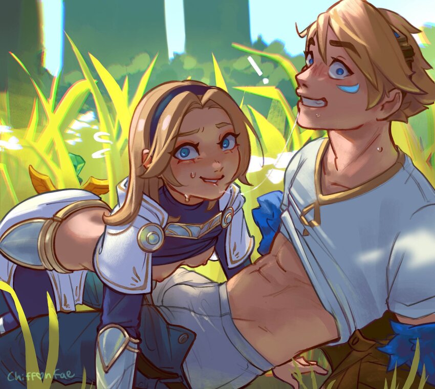 1boy 1girl blonde_hair blue_eyes blush breasts caught chiffonfae ezreal hairband highres league_of_legends long_hair looking_at_viewer lux_(league_of_legends) open_mouth short_hair small_breasts wide-eyed