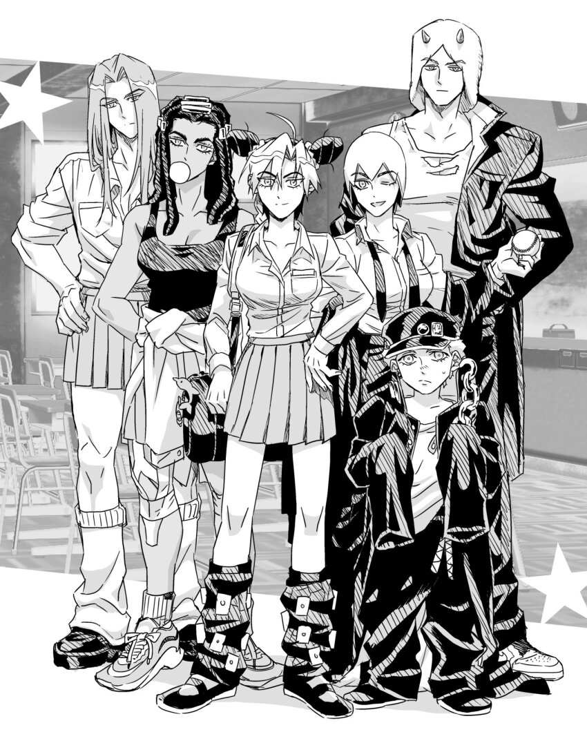 3boys 3girls ahoge alternate_universe blowing_bubble_gum blowing_bubbles breasts bun_with_braided_base chain chewing_gum child cleavage clothes_around_waist commentary cosplay crossdressing double_bun dreadlocks emporio_alnino ermes_costello foo_fighters_(jojo) fur_hat greyscale hair_bun hand_on_own_hip hashtag-only_commentary hat highres horned_hat jacket jacket_around_waist jeonjin_(mynamebazin) jojo_no_kimyou_na_bouken knee_brace kujo_jotaro_(cosplay) kuujou_jolyne kuujou_joutarou long_hair loose_hair_strand loose_socks medium_breasts miniskirt monochrome multicolored_hair multiple_boys multiple_girls narciso_anasui necktie one_eye_closed oversized_clothes pleated_skirt school_uniform shoes short_hair skirt sneakers socks stardust_crusaders stone_ocean tank_top torn_clothes torn_tank_top two-tone_hair undone_necktie weather_report